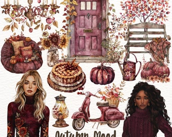 Watercolor Autumn Clipart: Cozy Cottagecore PNG Set (Digital Download)
