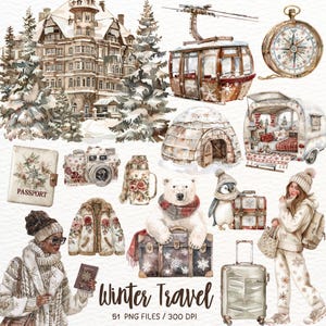 Clipart de viagem de inverno em aquarela, inverno aconchegante, aventura PNG, clipart de feriado, acampamento na temporada de neve, férias de inverno, download de scrapbooking
