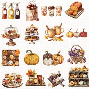 May include: Watercolor illustration of autumn-themed food and drink. Includes pumpkins, baked goods, coffee cups, a pie, and a basket of fruit. The color palette features warm oranges, browns, and reds, evoking a cozy fall atmosphere.