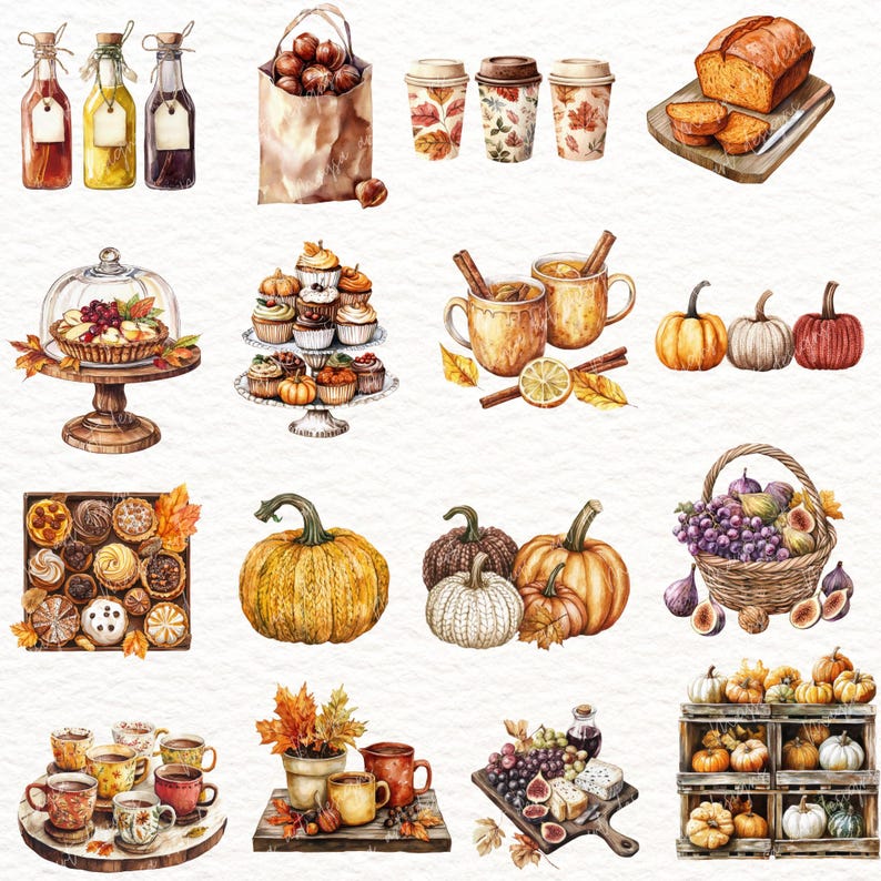 May include: Watercolor illustration of autumn-themed food and drink. Includes pumpkins, baked goods, coffee cups, a pie, and a basket of fruit. The color palette features warm oranges, browns, and reds, evoking a cozy fall atmosphere.