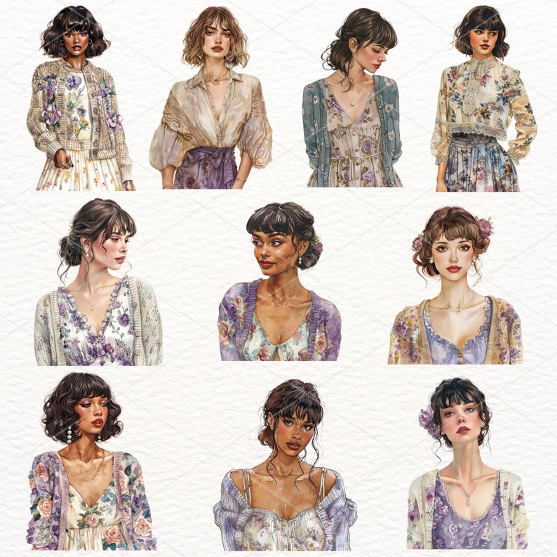 Pu&ograve; includere: Nove illustrazioni ad acquerello di donne con diversi stili di capelli e abbigliamento. Ogni donna indossa un vestito o una blusa con motivi floreali con un cardigan o una giacca. Le donne hanno diversi toni della pelle e colori di capelli.