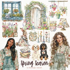 Aquarell Frühling Saison Clipart, Cottagecore Landschaft Frühling Blumen Frühling PNG, saisonale Blumen, Scrapbook Digital Download Kommerziell