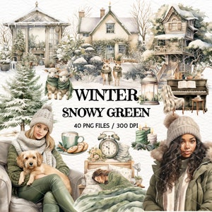 Acquerello inverno innevato verde Clipart, accogliente inverno Cottagecore Clipart, inverno romantico, inverno ragazza Cottage Living PNG adesivo, commerciale