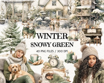 Puede incluir: Un conjunto de ilustraciones digitales de gráficos de acuarela con temática invernal. El conjunto incluye un bosque verde nevado, una cabaña acogedora, una mujer con un perro, una mujer durmiendo en la cama, una taza de café y un reloj despertador vintage. El texto "WINTER SNOWY GREEN 40 PNG FILES / 300 DPI" está incluido en la imagen.