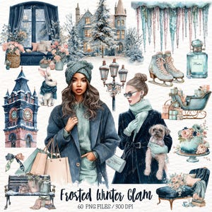 Könnte beinhalten: Aquarell-Illustration mit Winterthema. Zeigt eine Frau in einem blauen Mantel, ein Häschen mit Schal, einen Uhrturm und verschiedene winterliche Elemente. Der Text "Frosted Winter Glam" ist unten abgebildet.