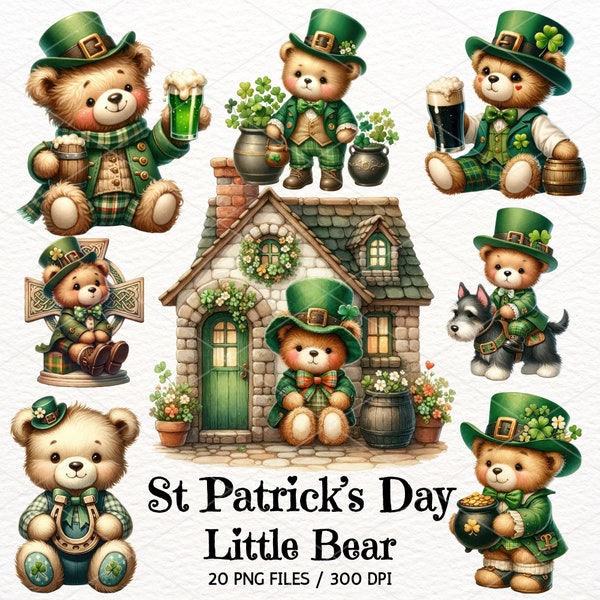 Watercolor St Patrick’s Bear Clipart, St Patrick PNG, Irish Festive Graphic, Teddy Bear Sublimation, Shamrock Clipart, Stickers, Commercial