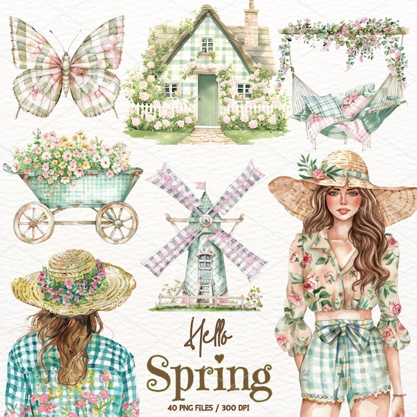 Watercolor Spring Clipart, Spring PNG, Cottagecore Clipart, Spring Girl, Countryside Clipart, Cute Spring, Flowers Floral Graphic Commercial