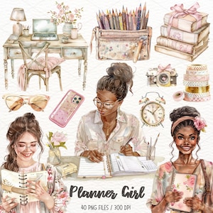 Aquarel planner meisje clipart, journaling, gezellige planning, meisje baas png, digitale stickers, esthetische dagboek, instant download commercial