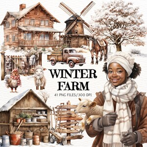 Ferme hiver Clipart aquarelle PNG, chalet d'hiver, hiver rustique, clipart vie à la ferme, neige des cliparts, scrapbooking, journal indésirable, usage Commercial