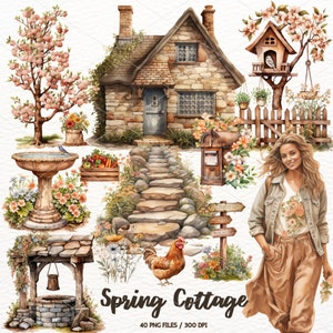 Aquarell Frühling Cottage Clipart, Cottagecore Clipart, Rustikaler Frühling, Aquarell Mädchen, Landschaft Clipart, Sammelalbum, Aufkleber, Kommerziell