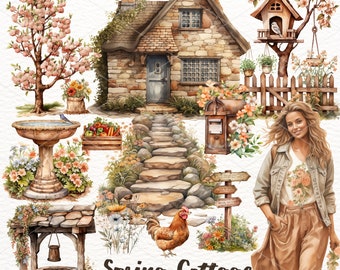 Watercolor Cottage Clipart: Rustic Spring Graphics (Digital Download)