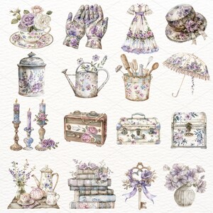 Pu&ograve; includere: Un set di illustrazioni ad acquerello che rappresentano oggetti vintage con motivi floreali. Il set include una tazza da t&egrave;, un annaffiatoio, un cappello, un vestito, un paio di guanti, un candelabro, una radio, uno scrigno, una pila di libri, una chiave, un vaso con fiori e un barattolo.