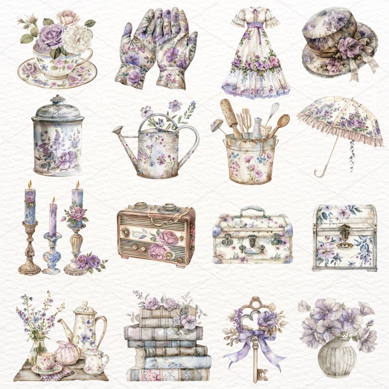 Pu&ograve; includere: Un set di illustrazioni ad acquerello che rappresentano oggetti vintage con motivi floreali. Il set include una tazza da t&egrave;, un annaffiatoio, un cappello, un vestito, un paio di guanti, un candelabro, una radio, uno scrigno, una pila di libri, una chiave, un vaso con fiori e un barattolo.
