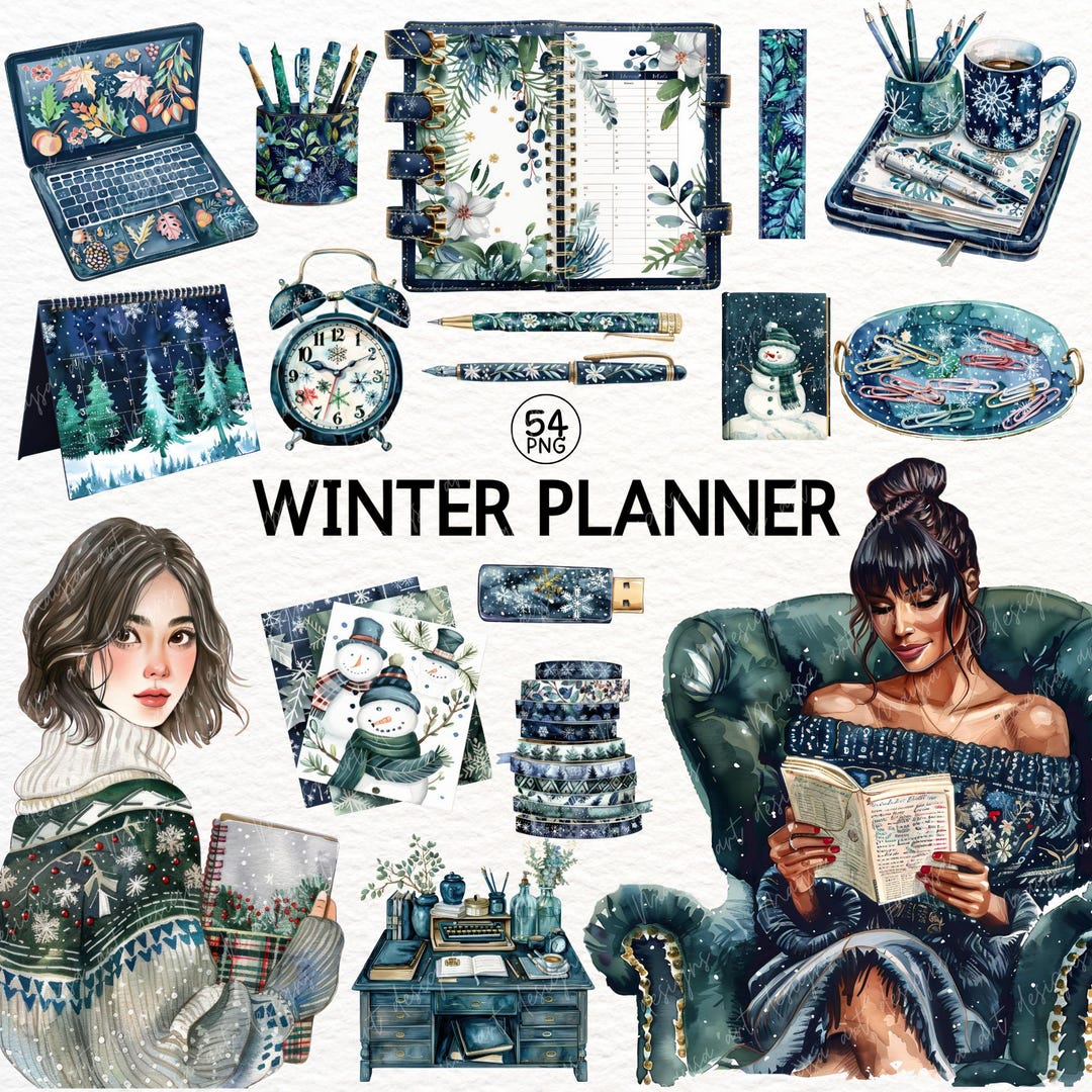 Watercolor Winter Planner Clipart: Cozy Journaling PNG Stickers ...