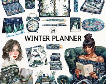 Watercolor Winter Planner Clipart: Cozy Journaling PNG Stickers (Digital Download)