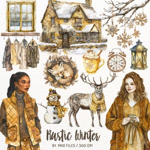 Aquarell rustikale Winter Clipart, gemütliche Winter, Cottagecore, Winter PNG, Winter Urlaub, Winter Illustration, Scrapbooking, digitaler Download