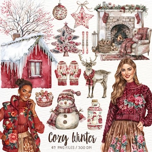 Watercolor Cozy Winter Clipart, Winter Vacation PNG, Snowy Season Snowman Snowflake, Holiday Décor Cottagecore Digital Stickers Scrapbooking