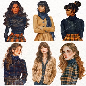 Pu&ograve; includere: Sei illustrazioni digitali di donne con abiti diversi. Le donne indossano tutte maglioni, sciarpe e gonne a quadri. Le illustrazioni sono in stile acquerello.