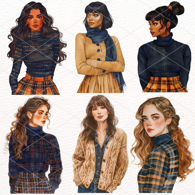 Pu&ograve; includere: Sei illustrazioni digitali di donne con abiti diversi. Le donne indossano tutte maglioni, sciarpe e gonne a quadri. Le illustrazioni sono in stile acquerello.