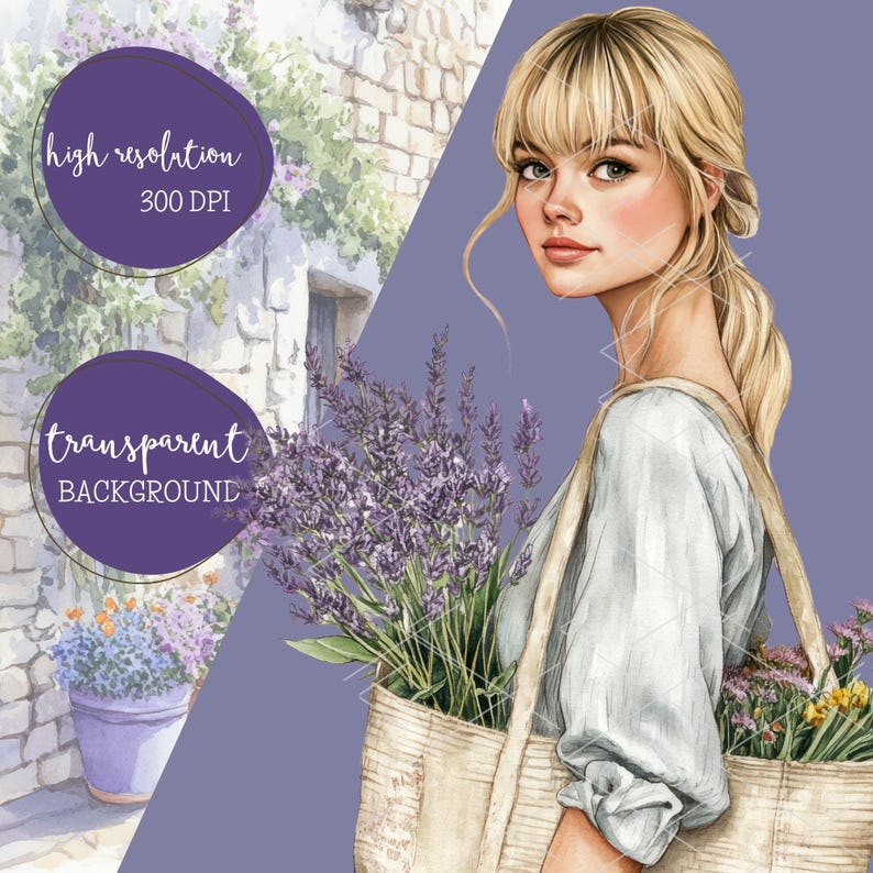 May include: A woman with blonde hair and a white shirt carries a woven tote bag filled with lavender flowers. The background is a purple watercolour wash.