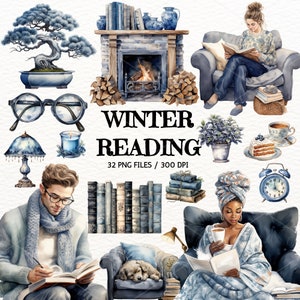Clipart di lettura invernale, angolo di lettura accogliente, clipart invernale dell'acquerello, inverno accogliente, pacchetto ClipArt di topo di biblioteca, download digitale, uso commerciale