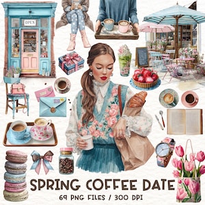 May include: Watercolor illustration with a spring coffee date theme. Features a woman, cafe, coffee cups, pastries, and floral elements. Text reads "SPRING COFFEE DATE" and "69 PNG FILES / 300 DPI".