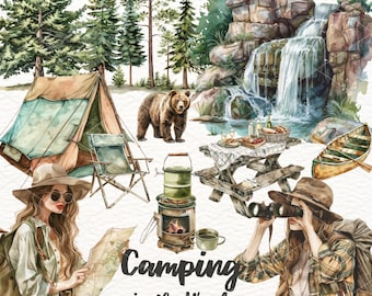 Watercolor Camping Clipart: Forest Adventure PNG Graphics (Digital Download)