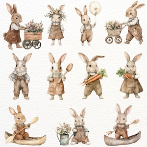 May include: Watercolor illustrations of bunnies in various poses. Some bunnies are pushing a wooden cart filled with flowers, holding a balloon, or carrying carrots. The bunnies wear overalls and aprons, with a soft, pastel color palette.