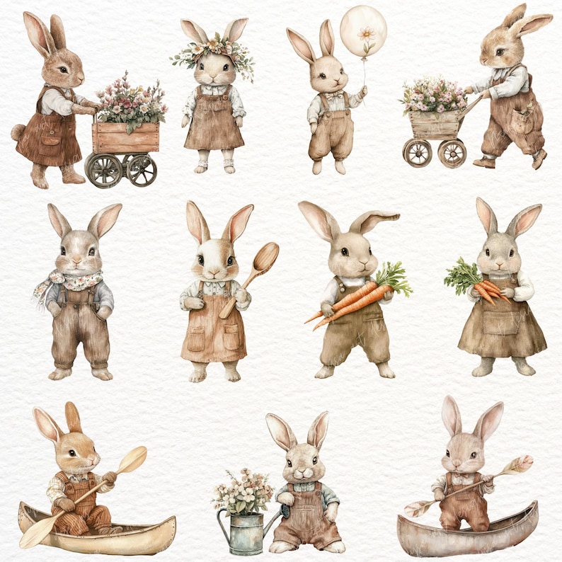 May include: Watercolor illustrations of bunnies in various poses. Some bunnies are pushing a wooden cart filled with flowers, holding a balloon, or carrying carrots. The bunnies wear overalls and aprons, with a soft, pastel color palette.