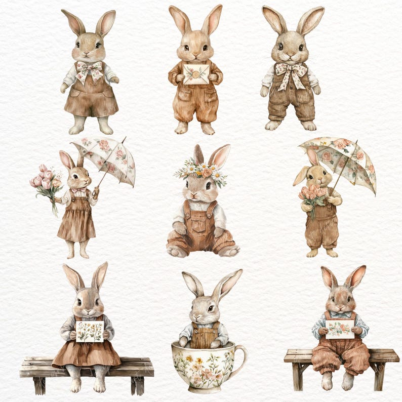 May include: Watercolor illustrations of anthropomorphic bunnies in various poses. Some bunnies wear overalls, dresses, or bow ties. One bunny holds an umbrella, and another sits in a teacup. The bunnies are in shades of brown, beige, and white.