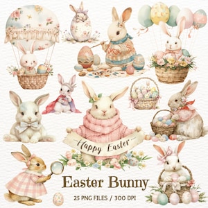 Watercolor Easter Bunny Clipart, Easter PNG, Easter Clipart, Cute Bunnies, Rabbits Clipart, Spring Clipart, Instant Download, Commercial Use