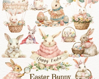 May include: Watercolor illustrations of Easter bunnies in various poses. Bunnies are depicted with baskets of eggs, painting eggs, and in a hot air balloon. The image includes the text "Happy Easter" and "Easter Bunny".