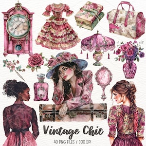 Watercolor Vintage Chic Clipart, Antique Clipart, Vintage Items, Vintage Woman PNG, Stickers, Scrapbooking, Digital Download, Commercial Use
