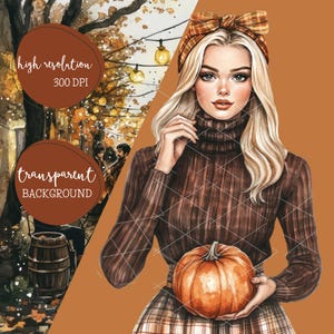 May include: Watercolor illustration of a woman with blonde hair wearing a brown turtleneck sweater, plaid skirt, and a plaid bow. She is holding an orange pumpkin. The background includes fall foliage and string lights. Text on the image reads "high resolution 300 DPI" and "transparent background."