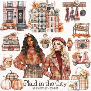 Clipart de xadrez aquarela na cidade, outono xadrez, outono aconchegante PNG, garotas de outono, clipart de outono, cottagecore, scrapbooking digital, uso comercial