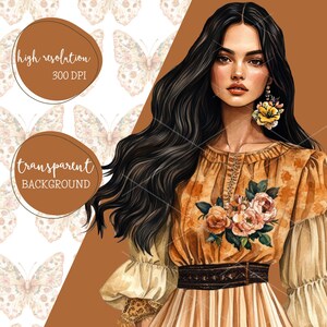 Pu&ograve; includere: Un'illustrazione digitale di una donna con lunghi capelli scuri che indossa un abito giallo a fiori con una cintura nera. Ha un fiore dietro l'orecchio e guarda la fotocamera.