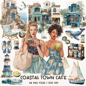 Op de afbeelding: Waterverfillustratie van een kuststad met winkels, cafés en mensen. Bevat een vuurtoren, een zeilboot en diverse elementen met een strandthema. De tekst "COASTAL TOWN CAFE" wordt weergegeven, samen met "68 PNG FILES / 300 DPI".