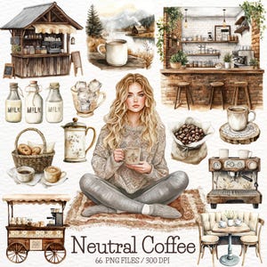 May include: Watercolor illustration featuring coffee-themed elements. Includes a coffee shop, coffee cart, coffee beans, milk bottles, a woman holding a mug, and a coffee machine. The text "Neutral Coffee" is displayed at the bottom.