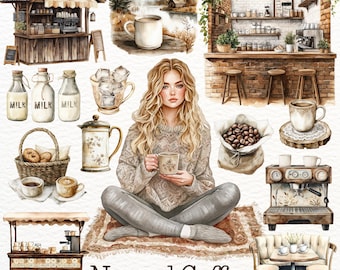 Aquarell Kaffee Clipart: Neutrale Becher, Bohnen, Barista Art (PNG Digital Download, Kommerzielle Nutzung OK)