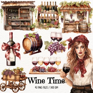 Watercolor Wine Clipart: Barrel, Grapes, Red Wine (Digital Download)
