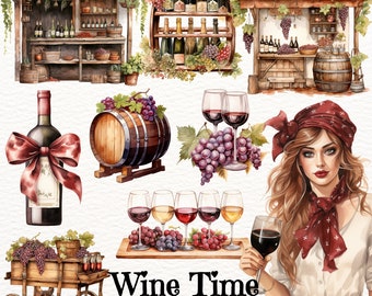 Watercolor Wine Clipart: Barrel, Grapes, Red Wine (Digital Download)