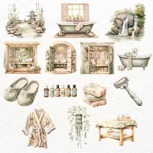 May include: Watercolor illustration of a spa setting with a green bathtub, a waterfall, a sauna, a bathrobe, slippers, soap, and other spa items.