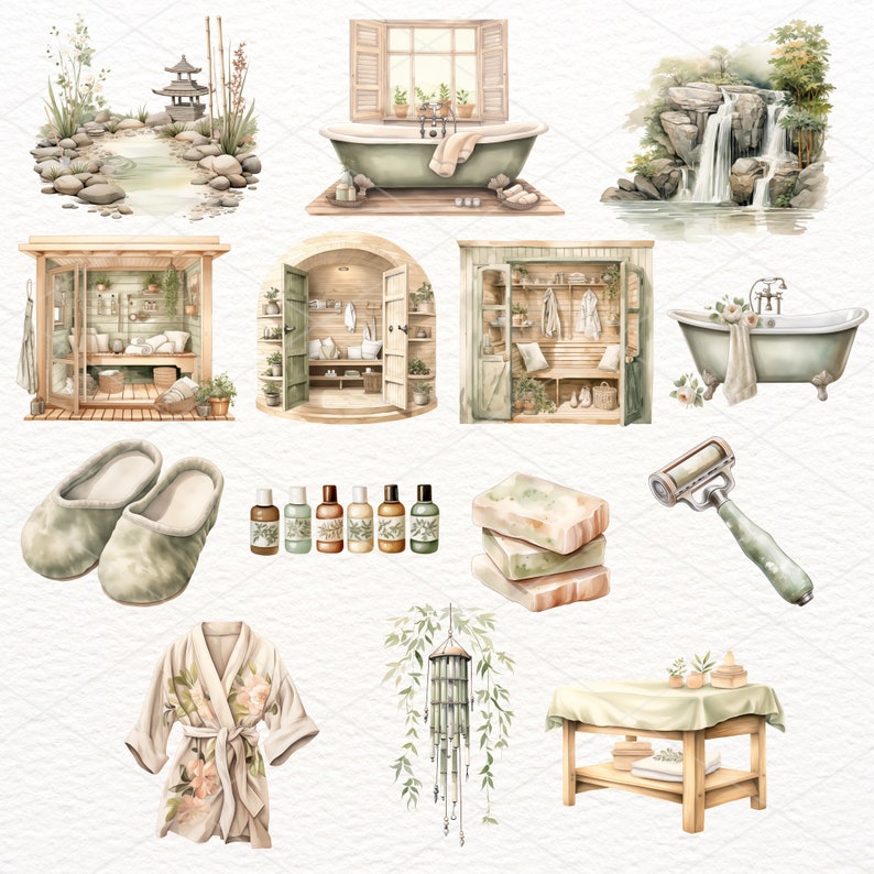 May include: Watercolor illustration of a spa setting with a green bathtub, a waterfall, a sauna, a bathrobe, slippers, soap, and other spa items.
