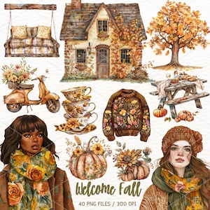 Watercolor Welcome Fall Clipart, Cozy Fall, Fall Graphics, Autumn PNG, Cottagecore Autumn Girl, Scrapbooking Digital Download Commercial Use