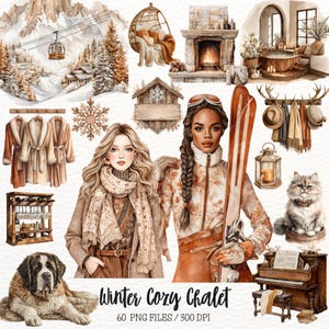 Può includere: Illustrazione ad acquerello con tema chalet invernale accogliente. L'immagine presenta una donna con sci, un camino, un cane, un gatto, un pianoforte e altri elementi invernali. Il testo in basso recita "Winter Cozy Chalet" e "60 PNG FILES / 300 DPI".