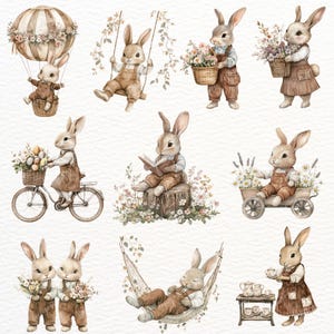 May include: Watercolor illustrations of bunnies in various scenes. One bunny rides in a hot air balloon, another swings, and others carry flowers or read books. The bunnies wear overalls and dresses, with a soft, pastel color palette.