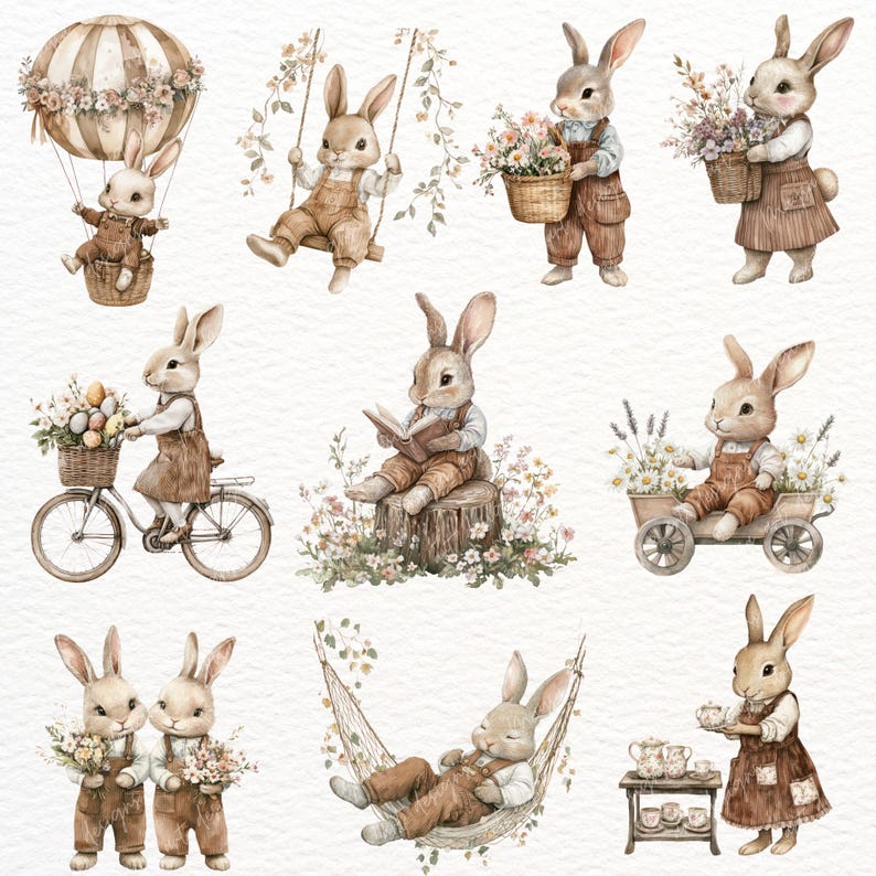 May include: Watercolor illustrations of bunnies in various scenes. One bunny rides in a hot air balloon, another swings, and others carry flowers or read books. The bunnies wear overalls and dresses, with a soft, pastel color palette.