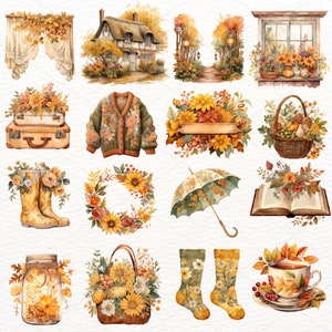 May include: A set of watercolor illustrations featuring autumnal themes, including a cottage, a window with flowers, a wreath, a book, a jar, a bag, socks, a teacup, and a suitcase. The illustrations are in shades of yellow, orange, brown, and green.