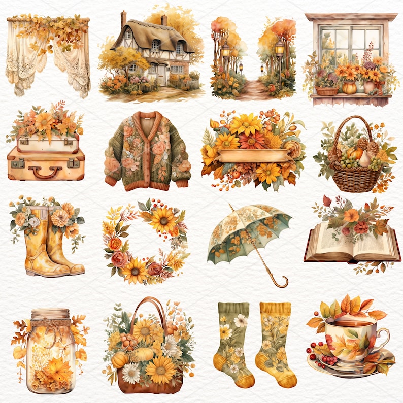May include: A set of watercolor illustrations featuring autumnal themes, including a cottage, a window with flowers, a wreath, a book, a jar, a bag, socks, a teacup, and a suitcase. The illustrations are in shades of yellow, orange, brown, and green.