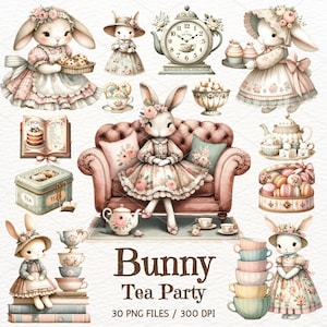 Lapin Tea Party aquarelle Clipart, Clipart lapin mignon, clipart heure du thé, mignons lapins PNG, théière, tasse à thé, l'heure du thé vintage, usage Commercial